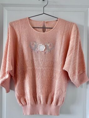 Vintage cottagecore embroidered sweater pastel peach romantic knit M/L